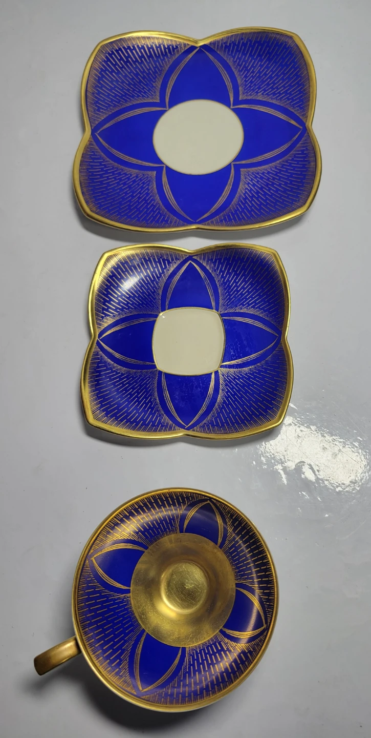 Vintage Blue & Gold Porcelain Cup, Saucer & dessert plate Set - photo 2