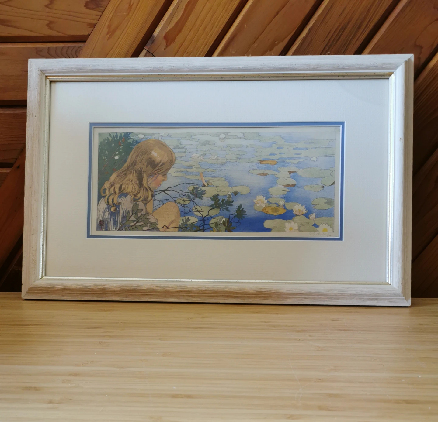 Vintage W.J. Phillips “Picking Waterlilies” Framed Art Print