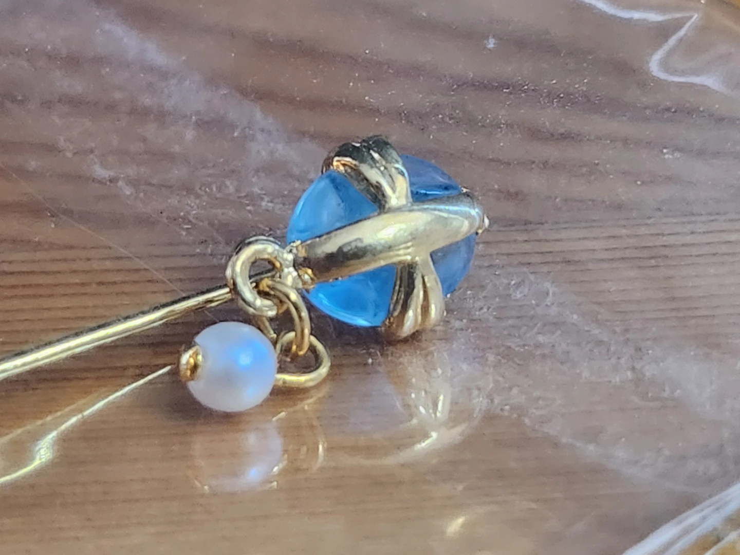Vintage Gold Tone Stick Pin with Blue Topaz and Faux Pearl - photo 4