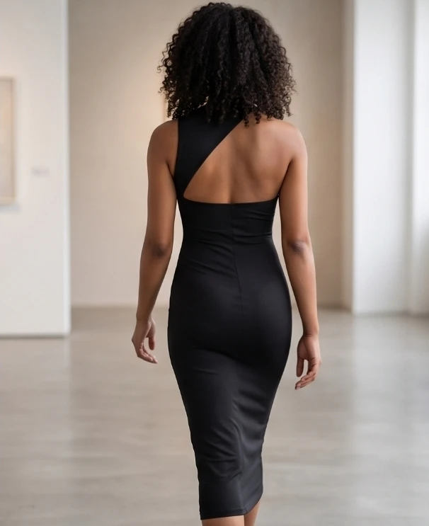 Black One-Shoulder Midi Dress - photo 2
