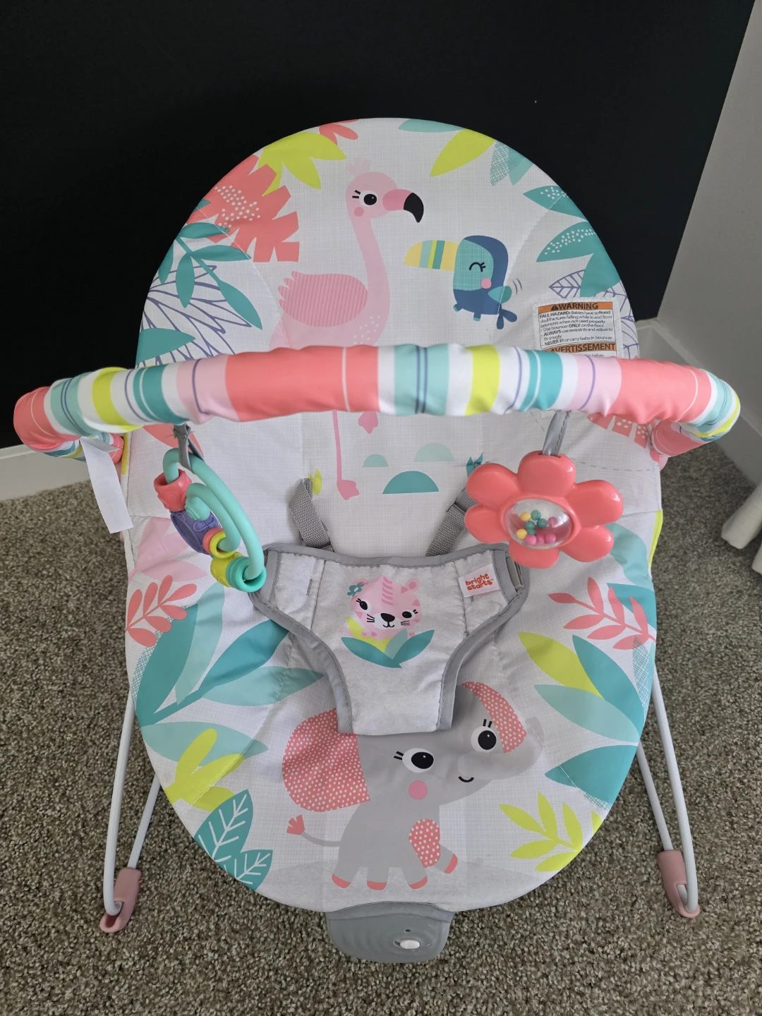 Bright Starts Vibrating, 3 point harness Bouncer with toy bar🦩🐘 - photo 2