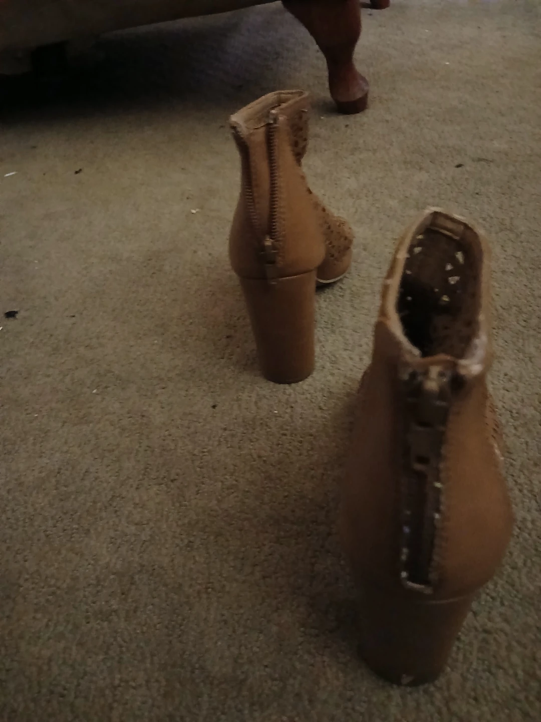 Tan Laser-Cut Block Heel Ankle Booties - photo 2