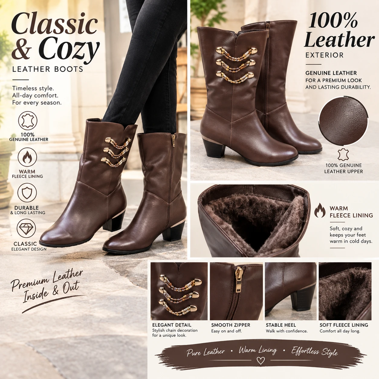 NEW Women's Brown Leather Mid-Calf Boots – Fleece Lined, US 7