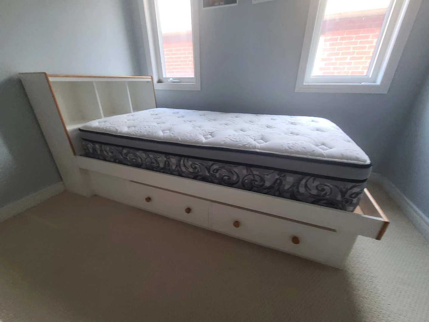 White Single Bed with Storage and Bookshelf Headboard