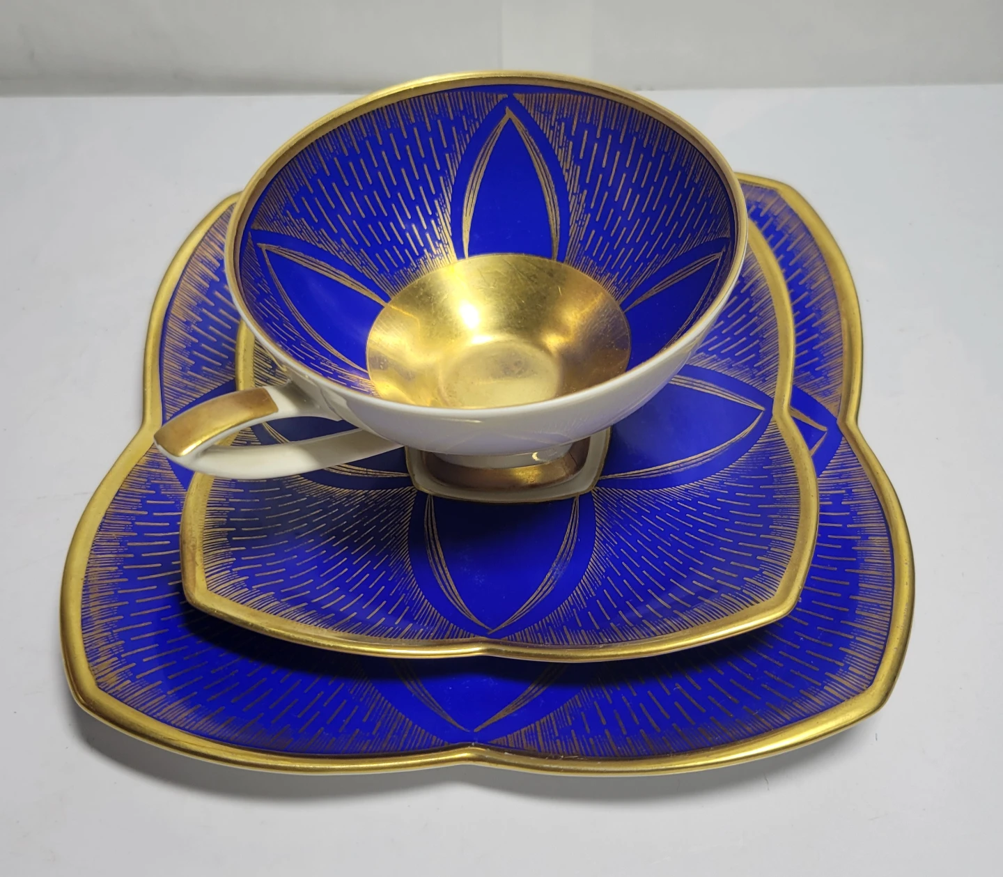 Vintage Blue & Gold Porcelain Cup, Saucer & dessert plate Set