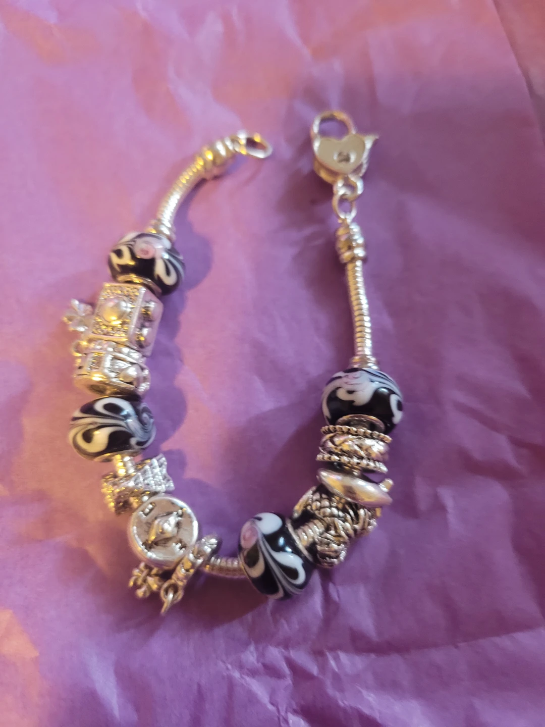 Charm Bracelet with Black and White Beads