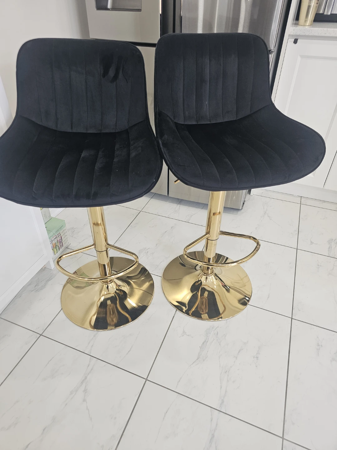 Set of 2 Black Velvet Bar Stools with Gold Base