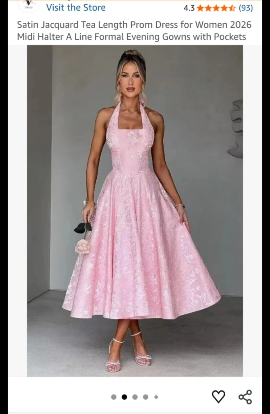 Pink Satin Jacquard Tea Length Halter Dress 🏈