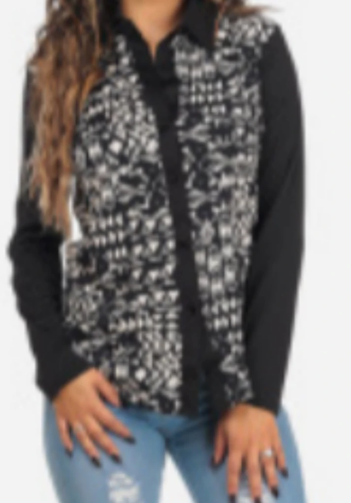 Black and white patterned long sleeve button-up shirt