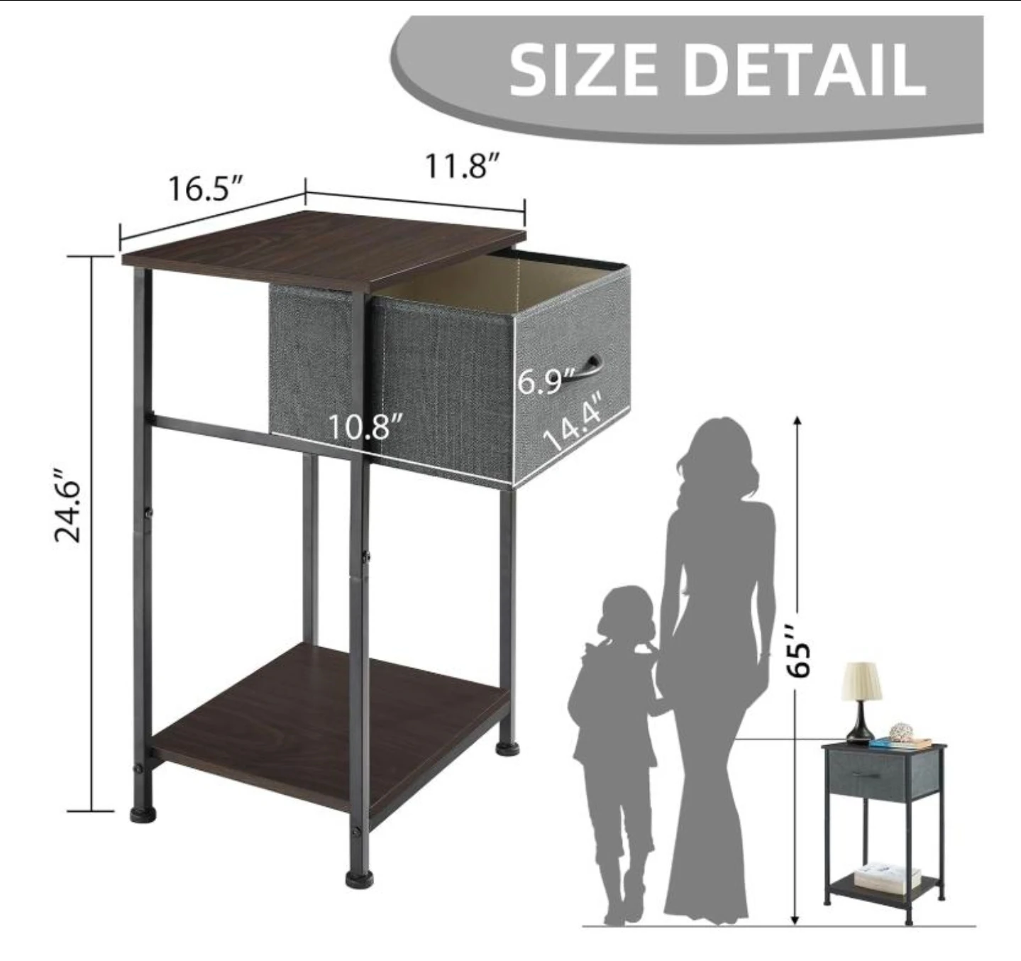 Set of 2 - Gray Fabric Drawer Nightstand with Metal Frame - photo 5