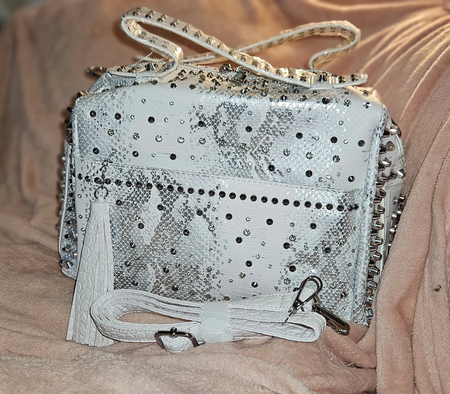 Studded White Snakeskin Pattern Leather Handbag