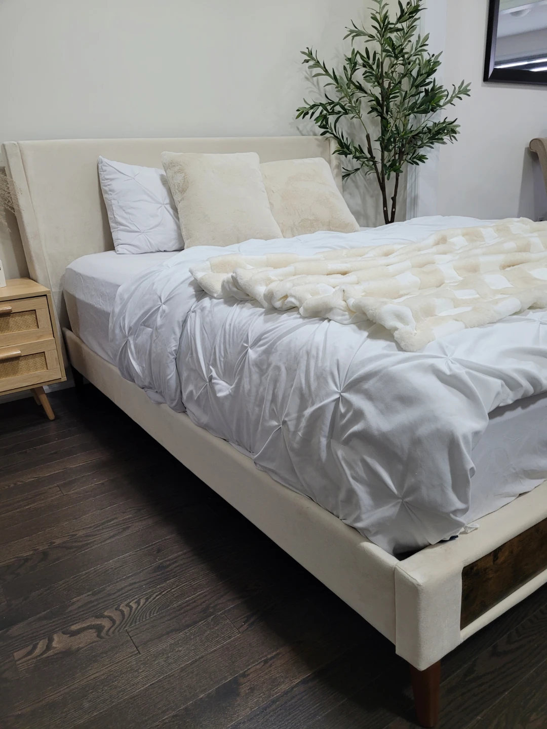 Cream Velvet Upholstered Bed Frame with Wood Accents - photo 2