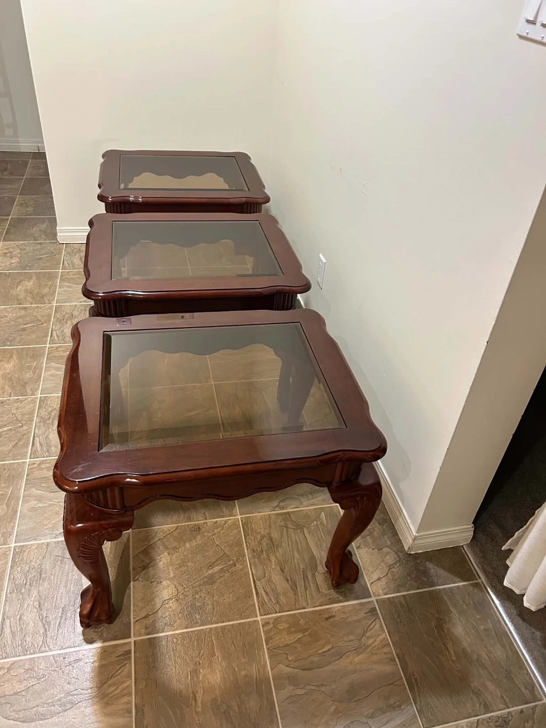 3-piece wooden end tables with glass tops, elegant set - photo 4