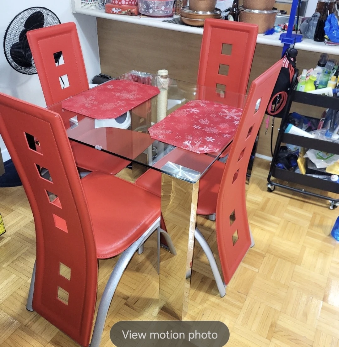 Glass Dining Table with 4 Red Chairs