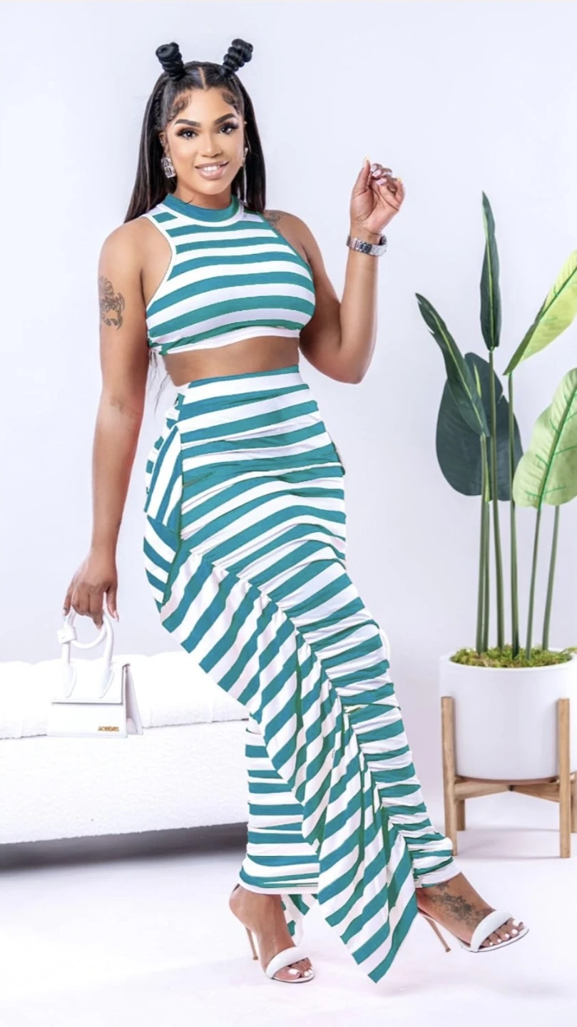 🥕Green and White Striped Two-Piece Set