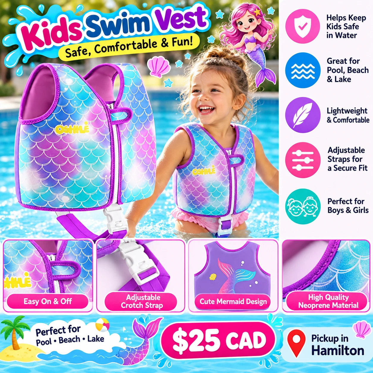 OSHYLE Toddler Mermaid Swim Vest