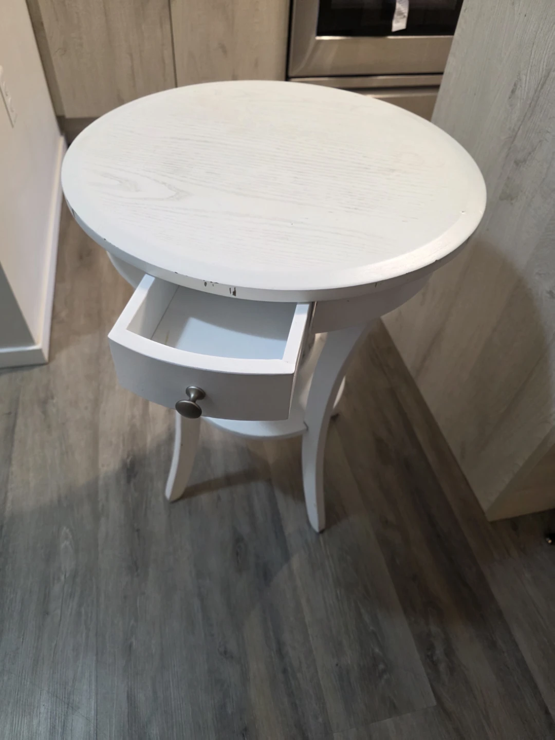 White Round End Table with Drawer