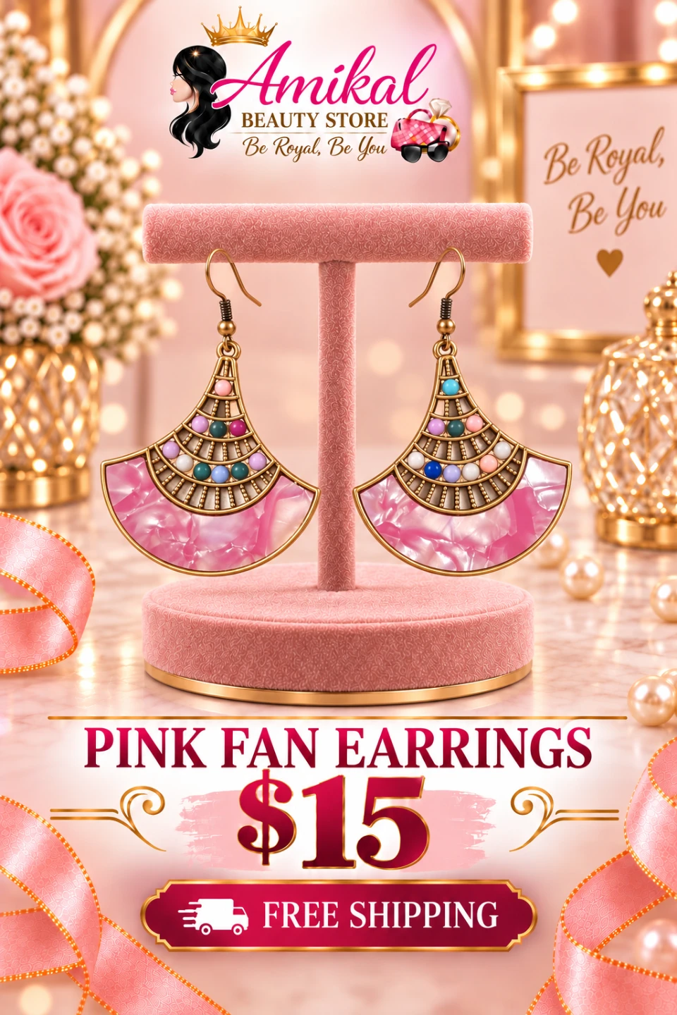 Amikal Beauty Store Pink Fan Earrings