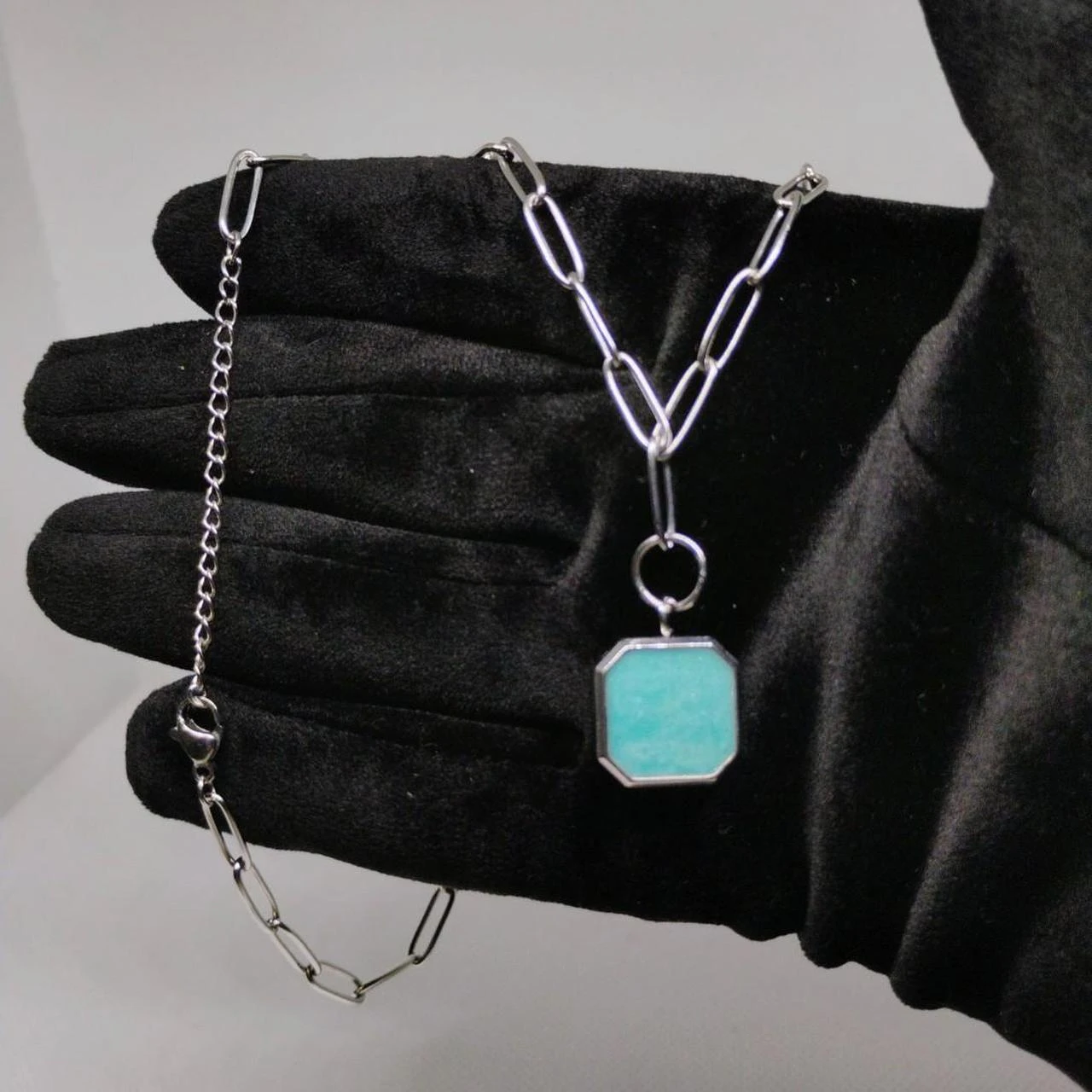 Blue Boho Pendant in Paperclip Necklace Stainless Steel