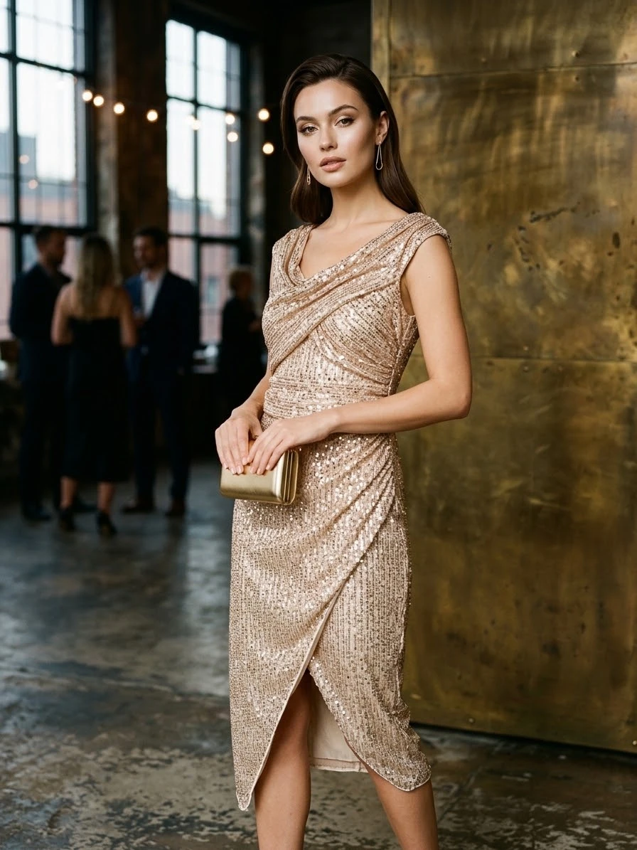 Jasambac Champagne Sequin Cocktail Dress (Size S)
