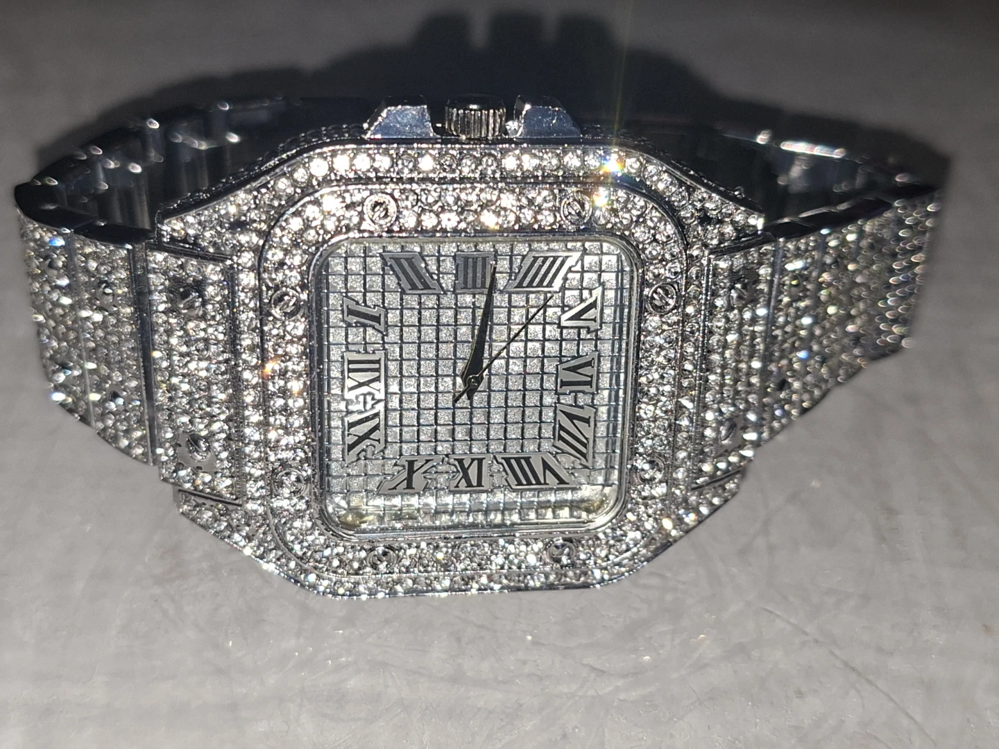 Iced Out Silver Tone Square Wristwatch