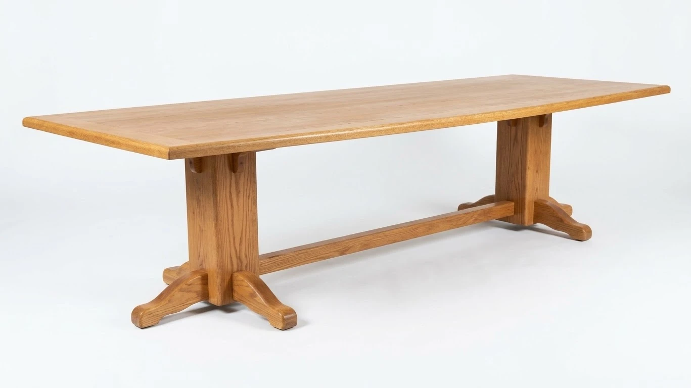 Solid Oak Trestle Dining Table. 120-Inch Full Length.