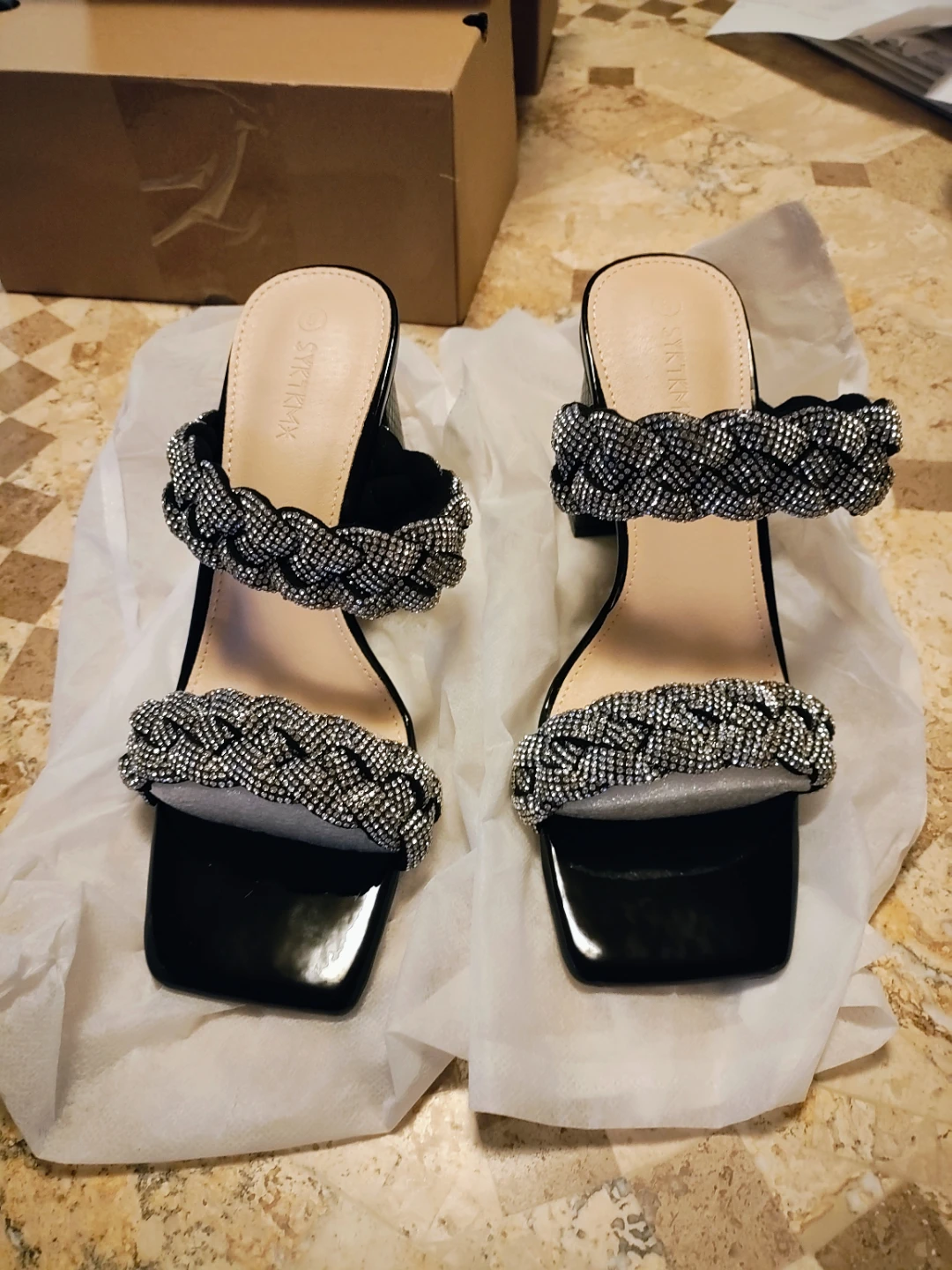 SYRTKMX Rhinestone Block Heel Sandals