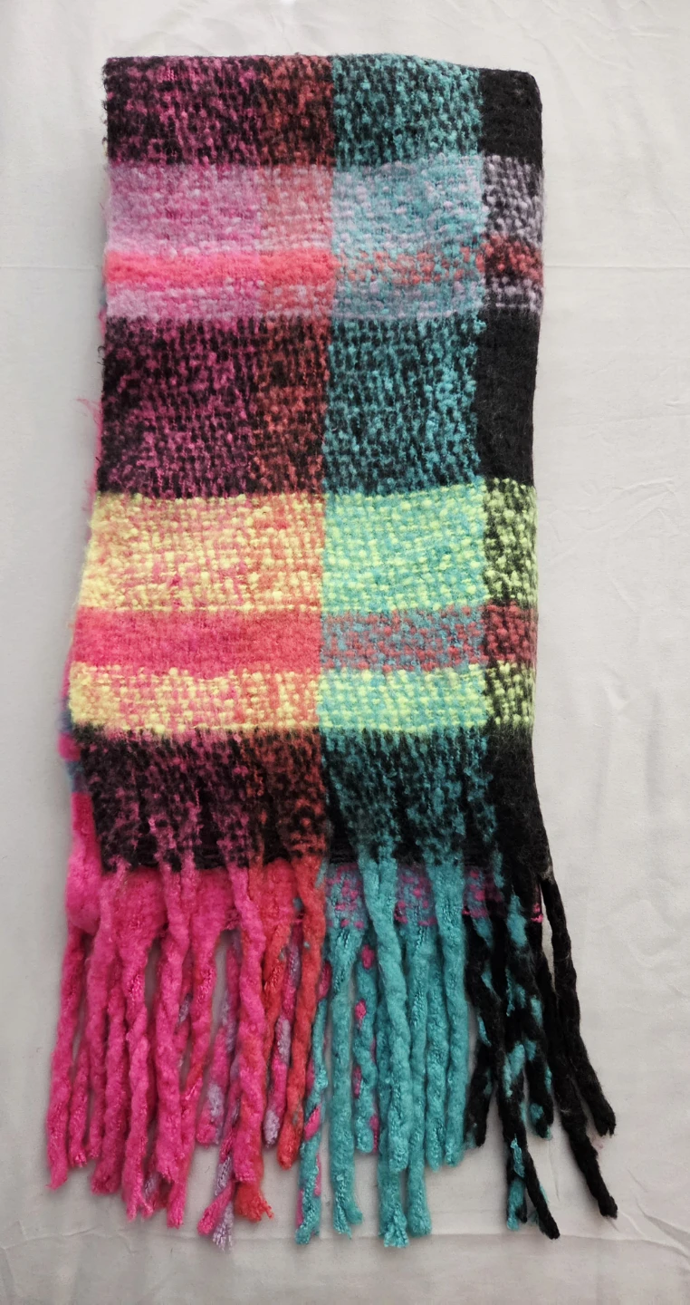 Neon Plaid Fringed Blanket Scarf