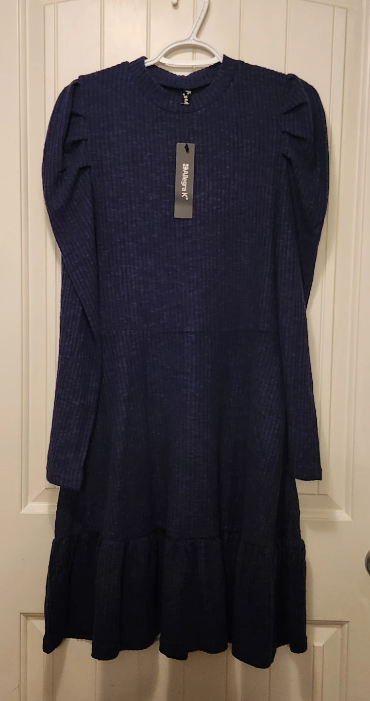 Allegra K Navy Blue Ribbed Puff Sleevve Dress 🏈 - photo 5