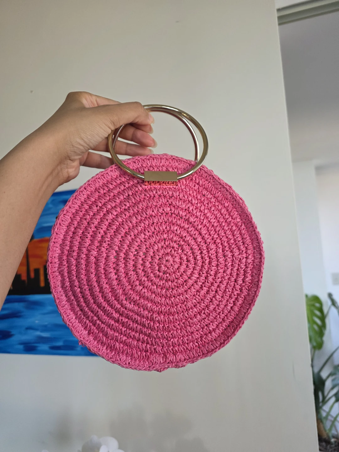 New Pink Round Straw Handbag
