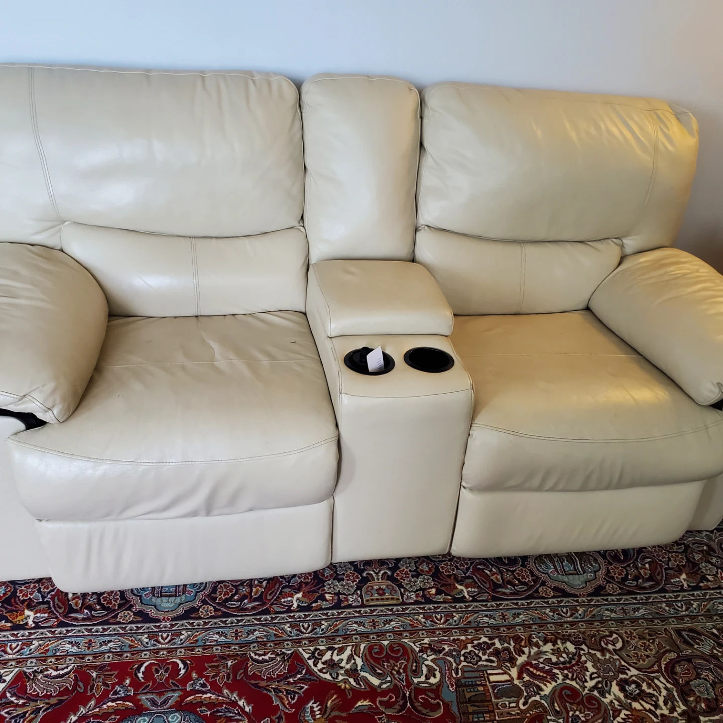 Cream Leather Sofa with Reclining Seats and Cup Holders - photo 2