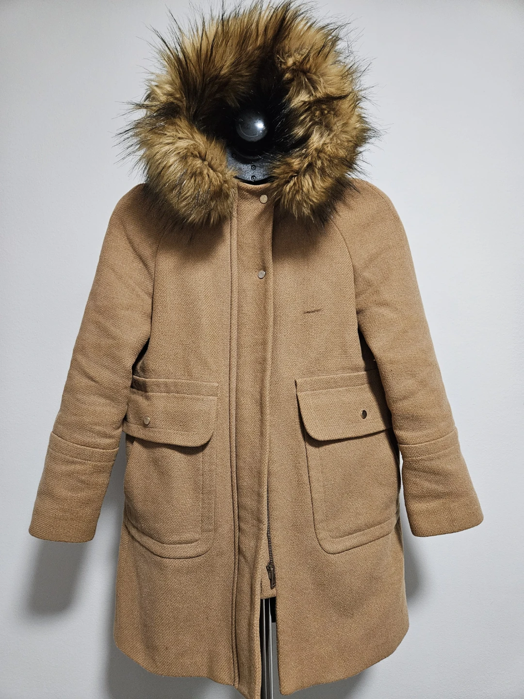 Tan Hooded Winter Coat with Faux Fur