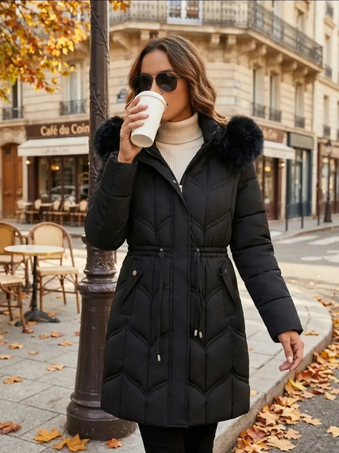 Black Puffer Coat with Faux Fur Hood