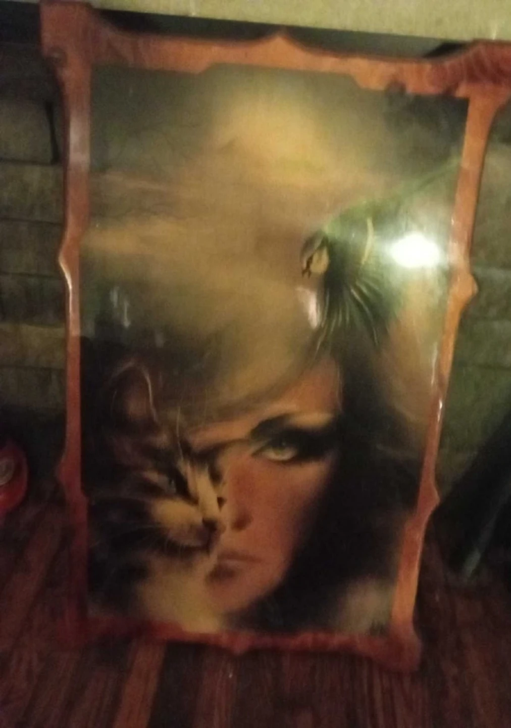 Vintage Wall Art - Woman with Cat and Bird, Wood Frame - photo 2
