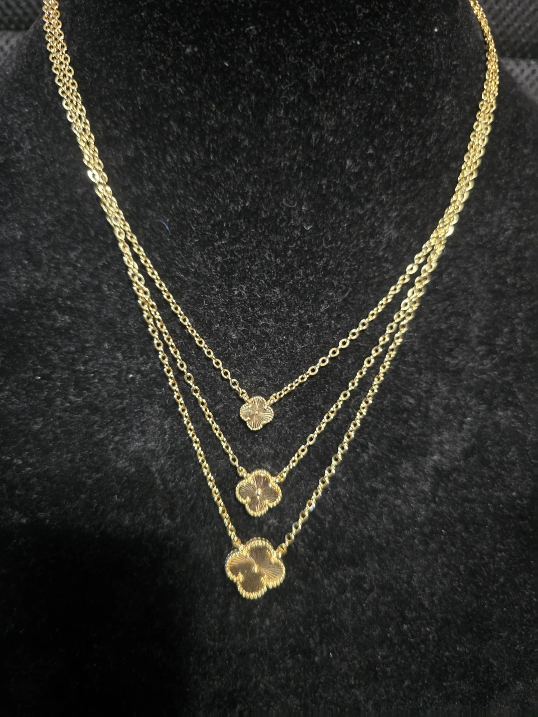 Gold-tone clover motif triple-layer necklace