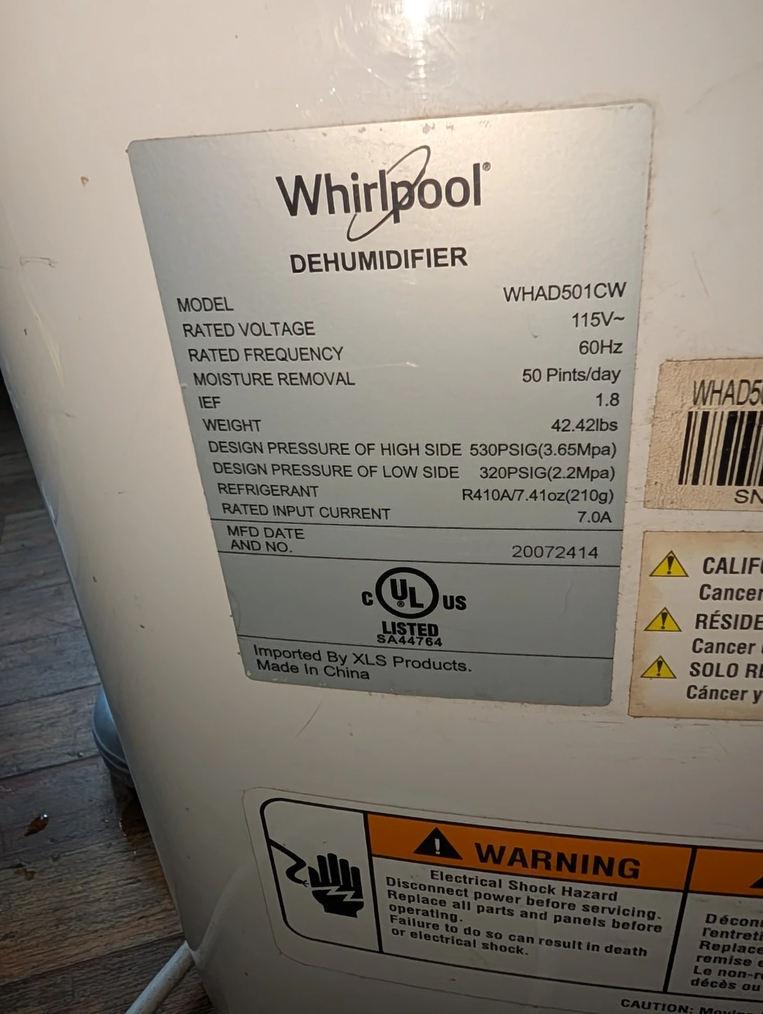 Whirlpool 50-Pint Dehumidifier Model WHAD501CW - photo 5