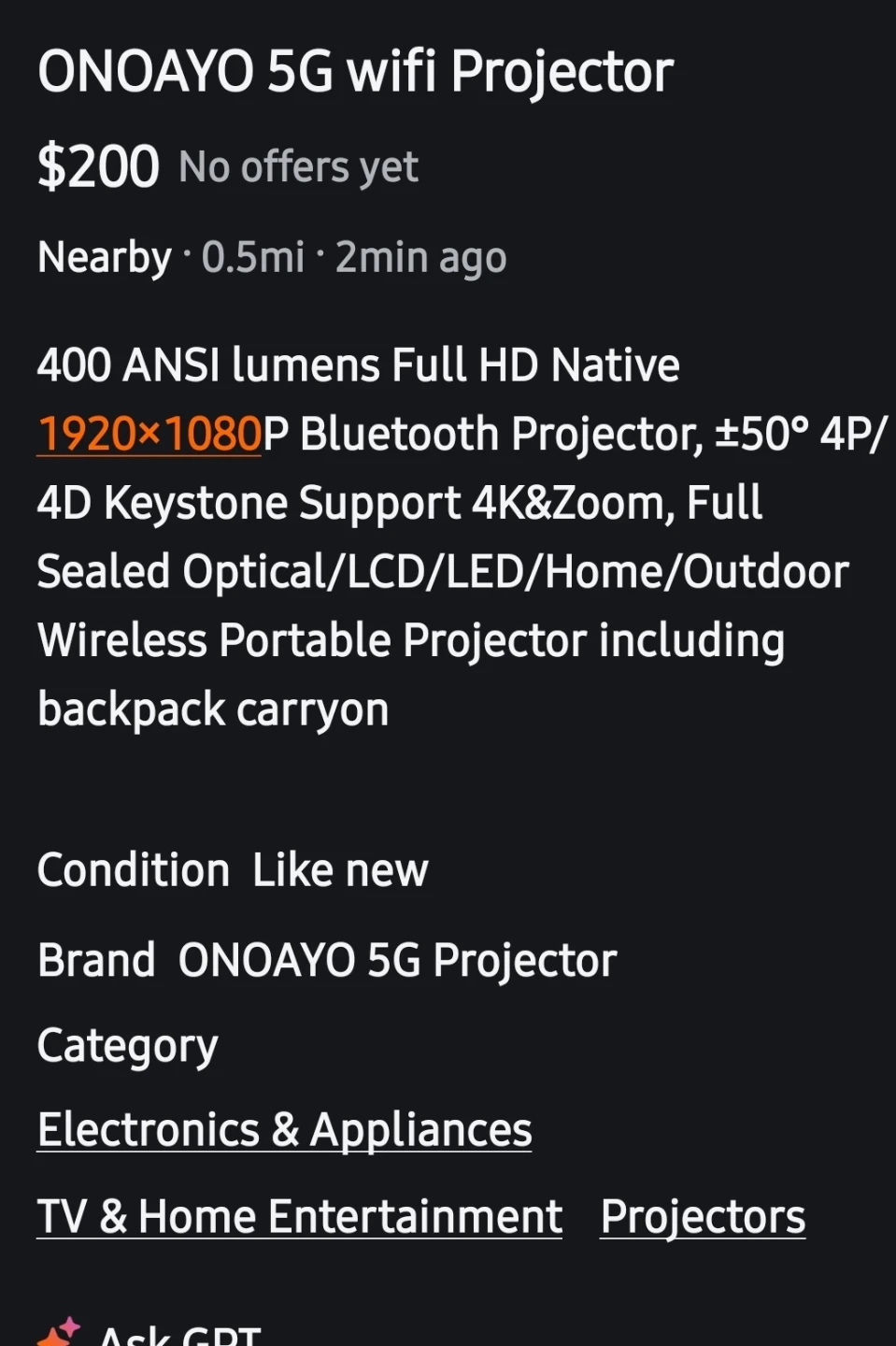 ONOAYO 5G WiFi Projector C50 - photo 3