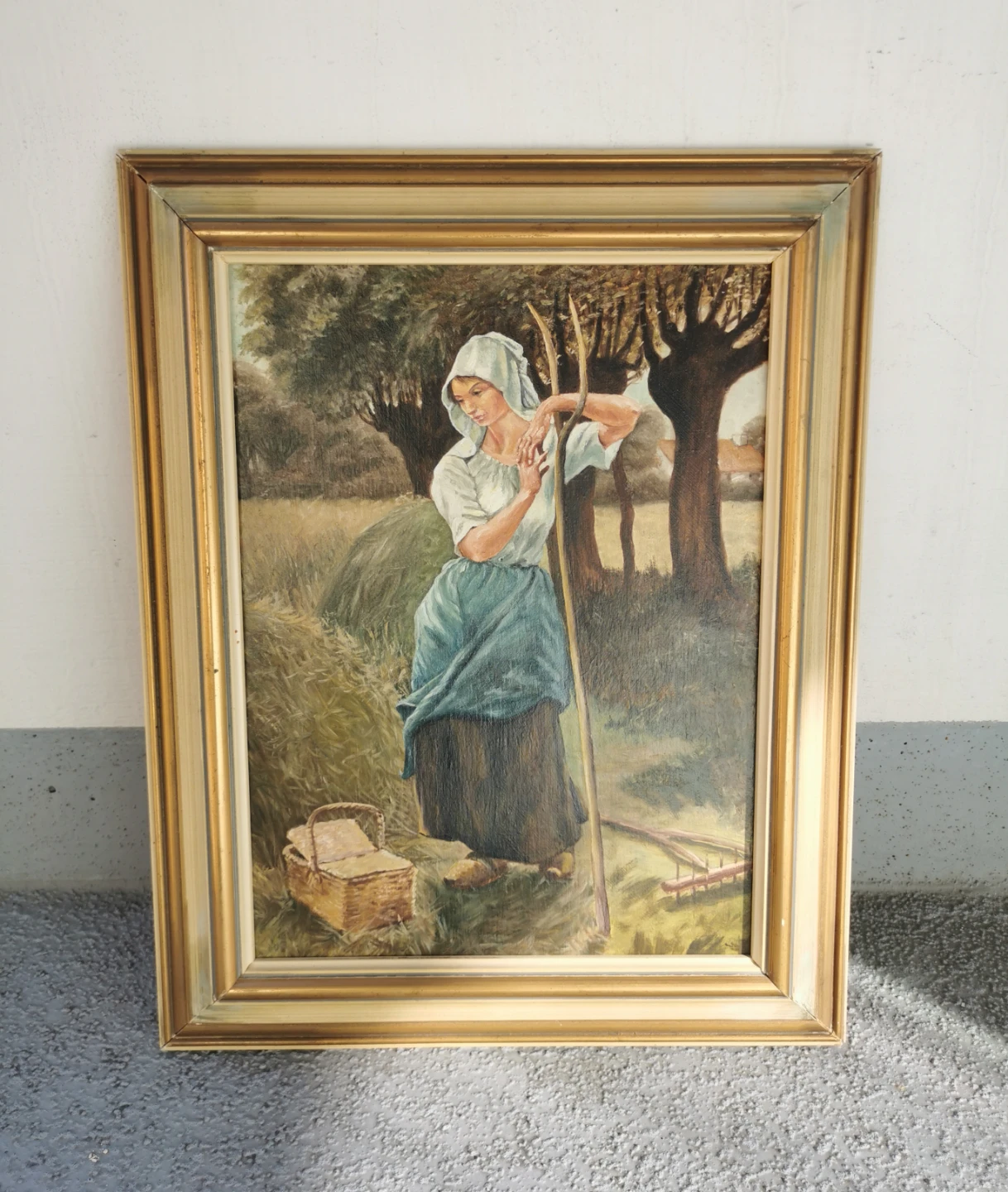 Vintage Hand-Painted European Harvest Scene Oil Painting