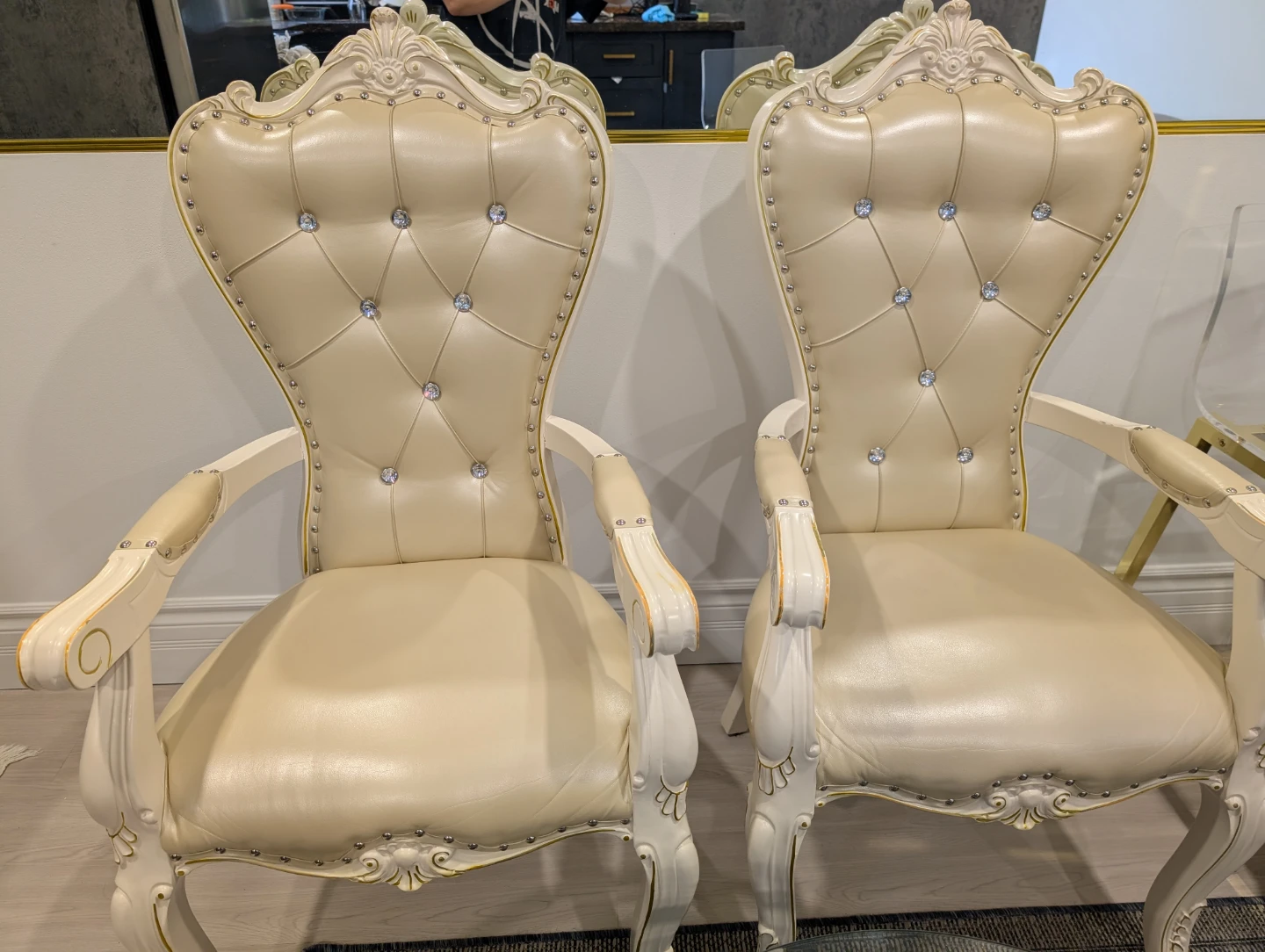 2 Modern French Aestetic Leather Dining chairs with Rhinestones - photo 3