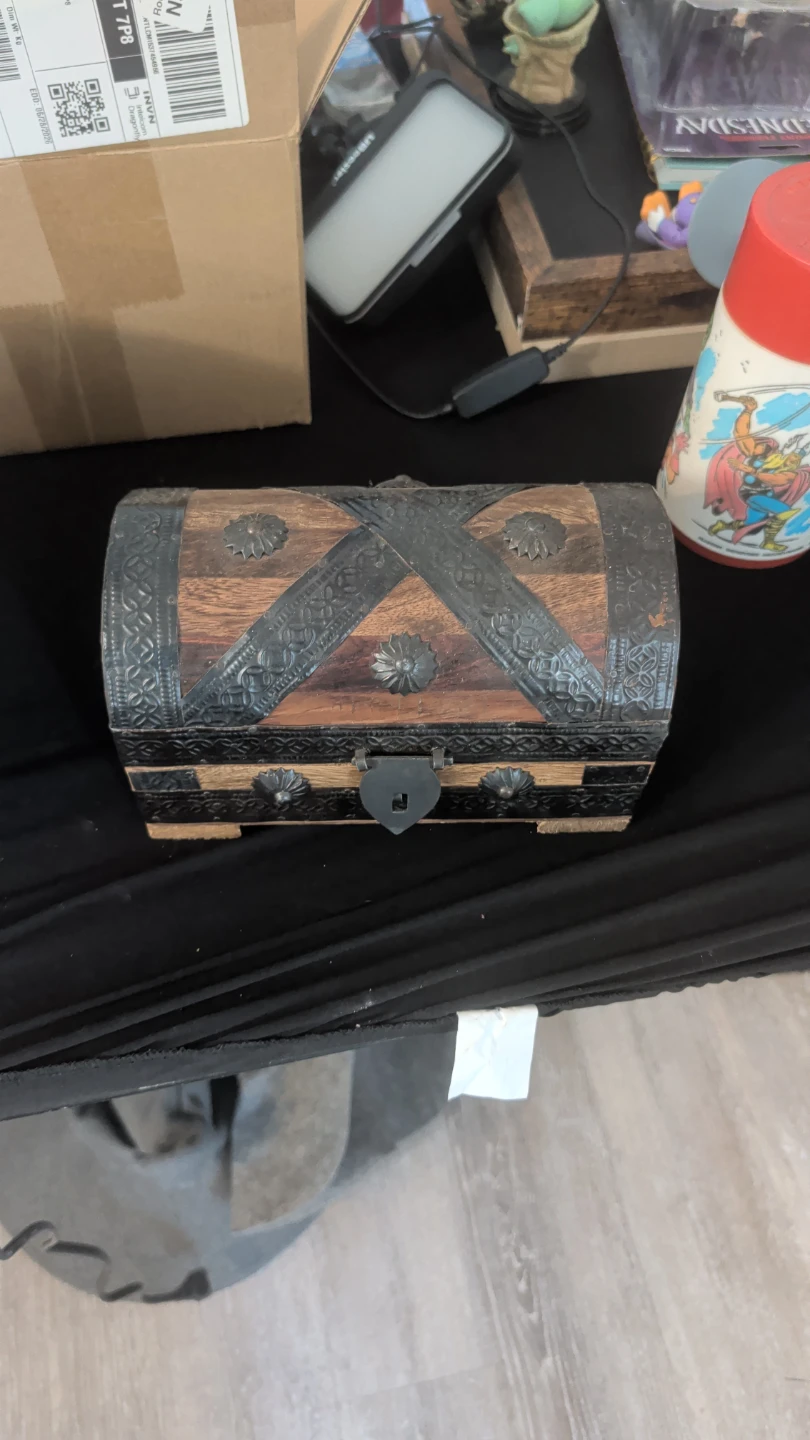 Decorative Wooden Trinket Chest, full of coins