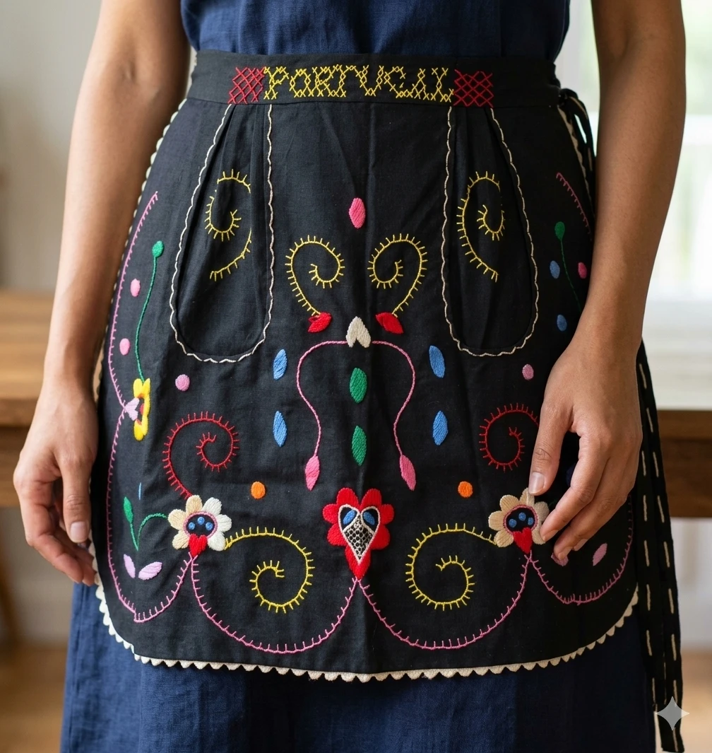 Vintage Folk Art Hand Embroidery Portugal Apron