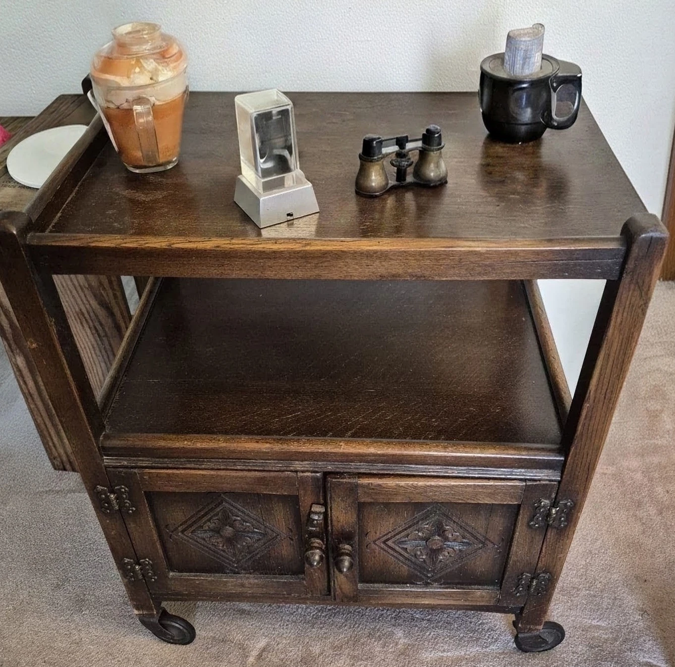 From England. Vintage Oak Wood Serving Cart with Cabinet