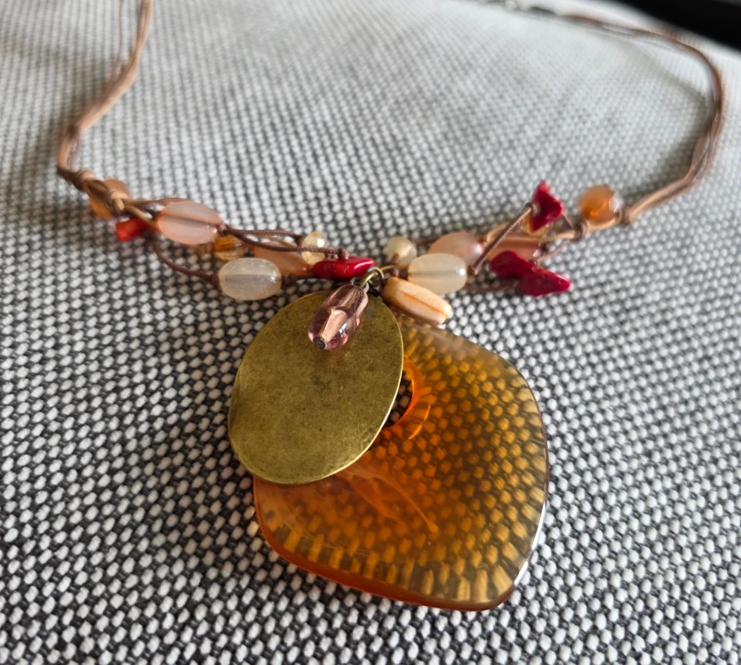Vintage Beaded Necklace with Orange Pendant - photo 3
