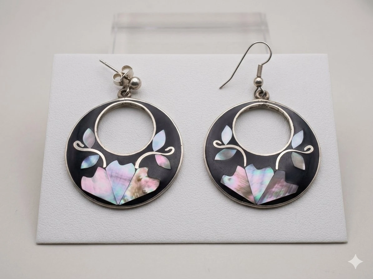 Vintage Mexico Alpaca Silver Inlay Earrings