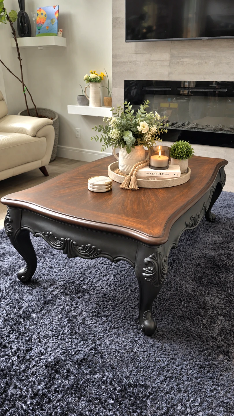 Solid Wood Refinished Coffee Table – Dark Walnut & Matte Black