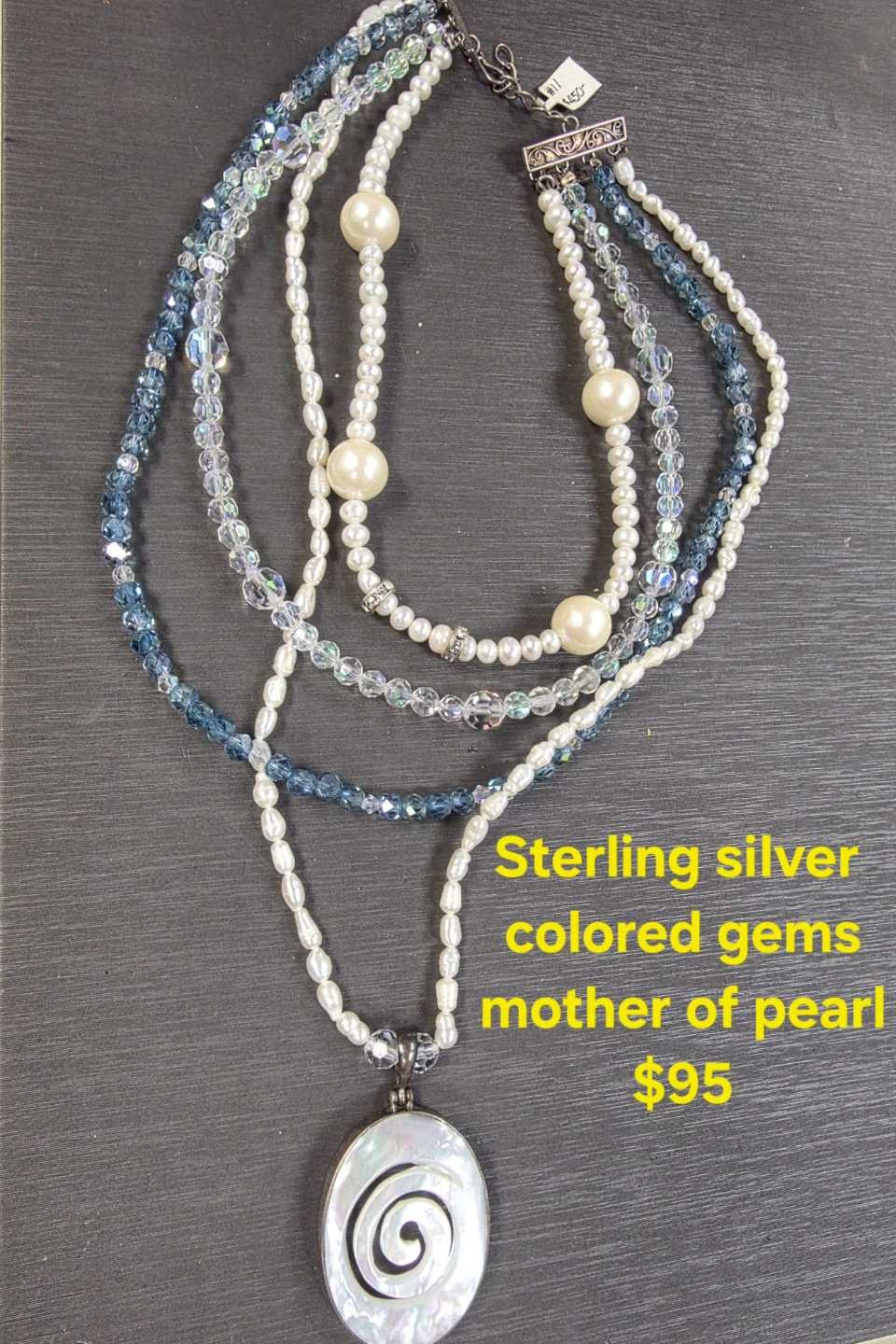 Sterling silver multi-strand gemstone and pearl necklace