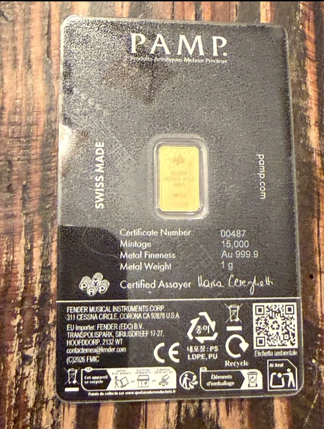 Fender 80th Anniversary 1g Pure Gold Bar - photo 2