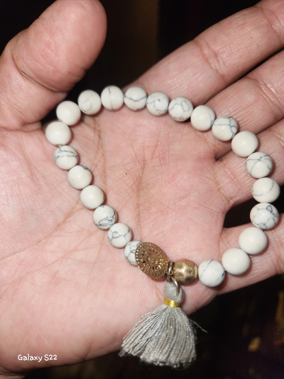 White Howlite & Brass Charm Stretch Bracelet with Tassel - photo 2