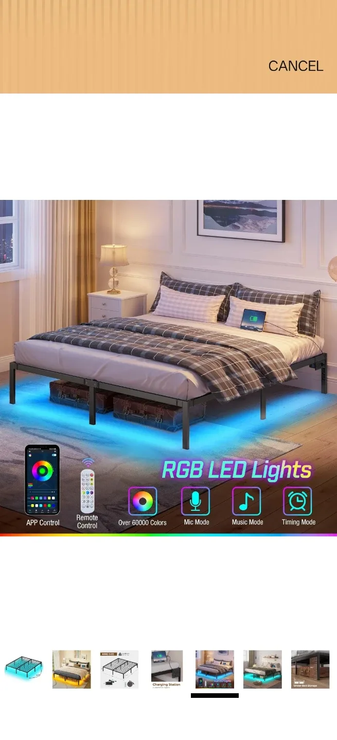 King Size Metal Bed Frame with LED Lights and Charging Station - photo 5