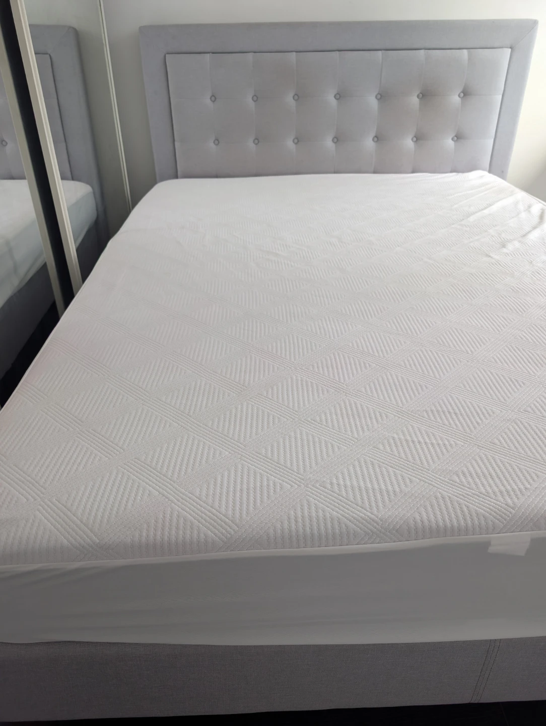 Grey Upholstered Headboard Bed Frame with mattress